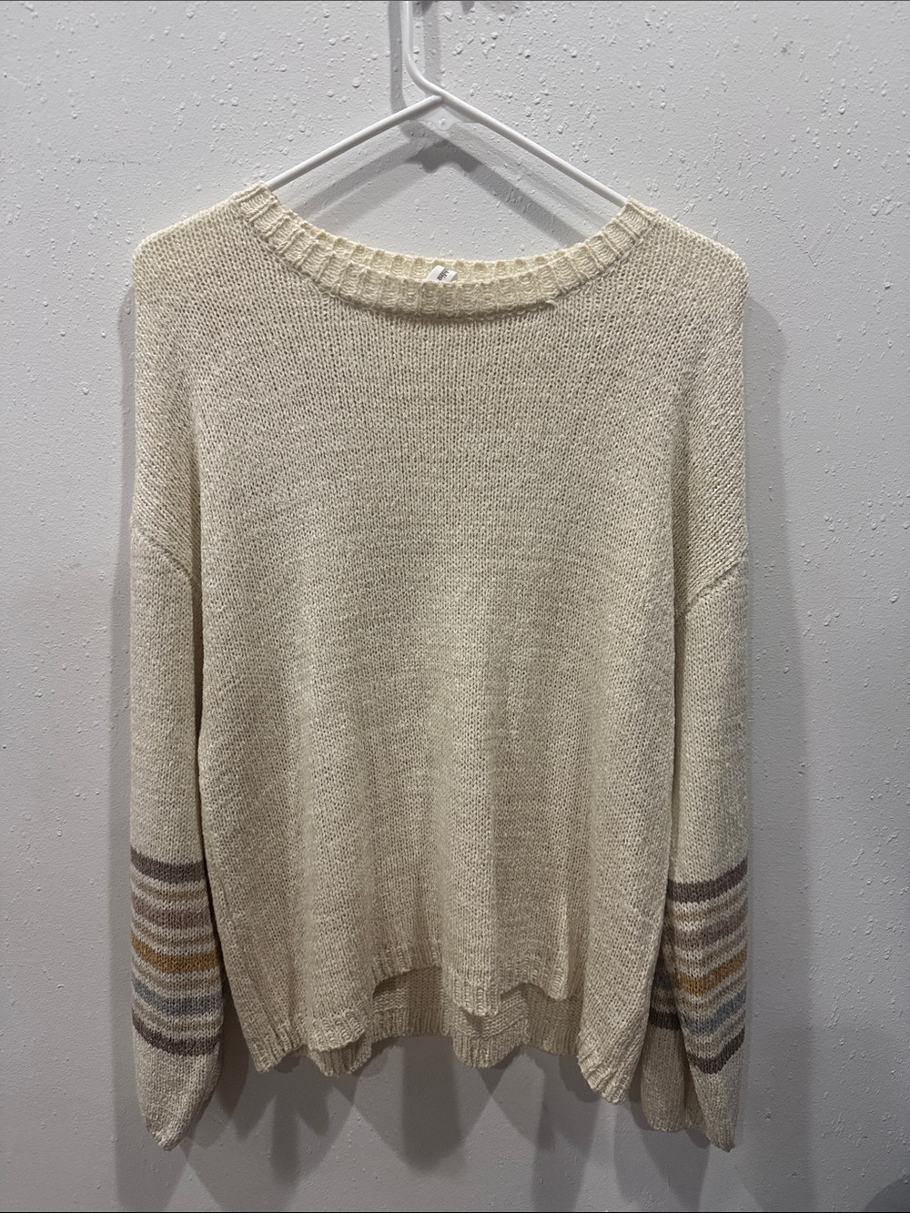 Wishlist Cream Crewneck Sweater with Striped Sleeves